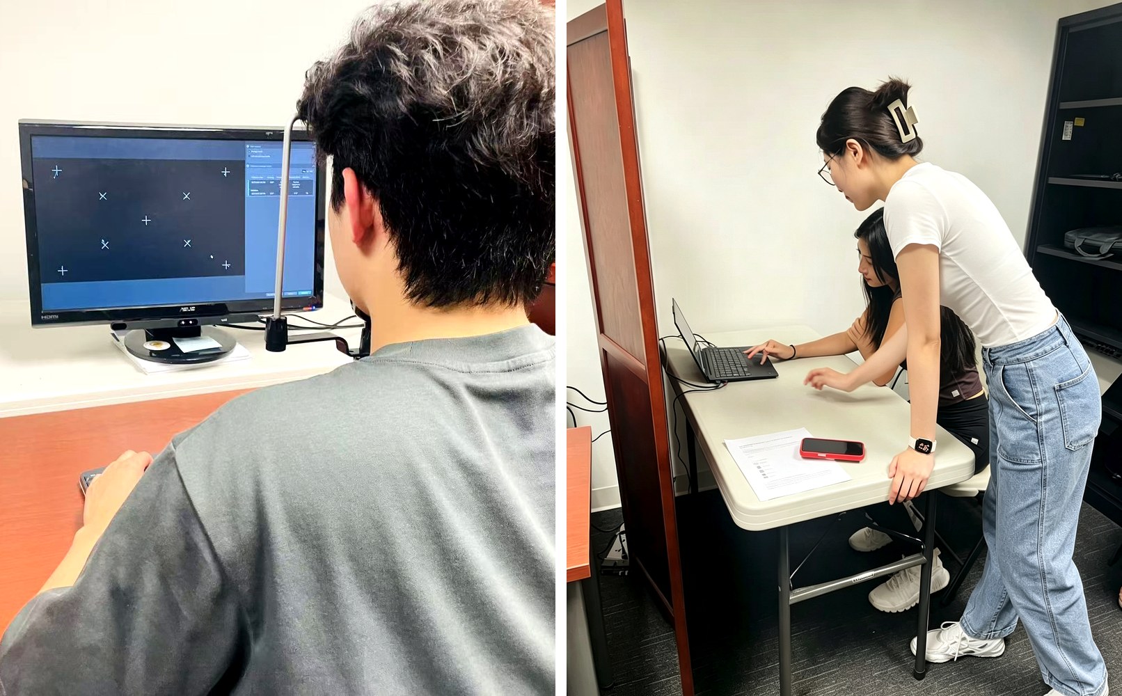 Eye-tracking training in the CHARM Lab: a calibration screen during a practice session, and Qiyao Peng working through the protocol with a research assistant